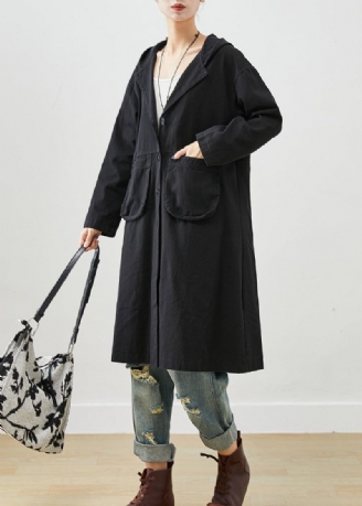 Trench En Coton Avec Poches À Capuche Noires Simples Automne