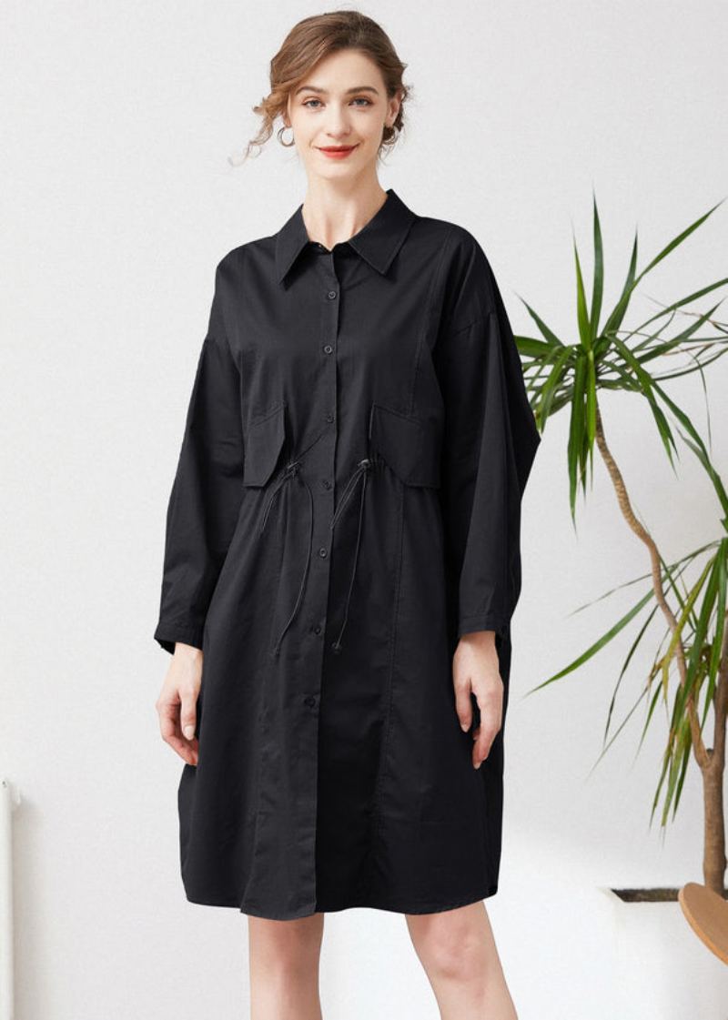 Trench En Coton Avec Poches À Cordon Surdimensionnées Noires Simples Printemps - Trenchs femmes