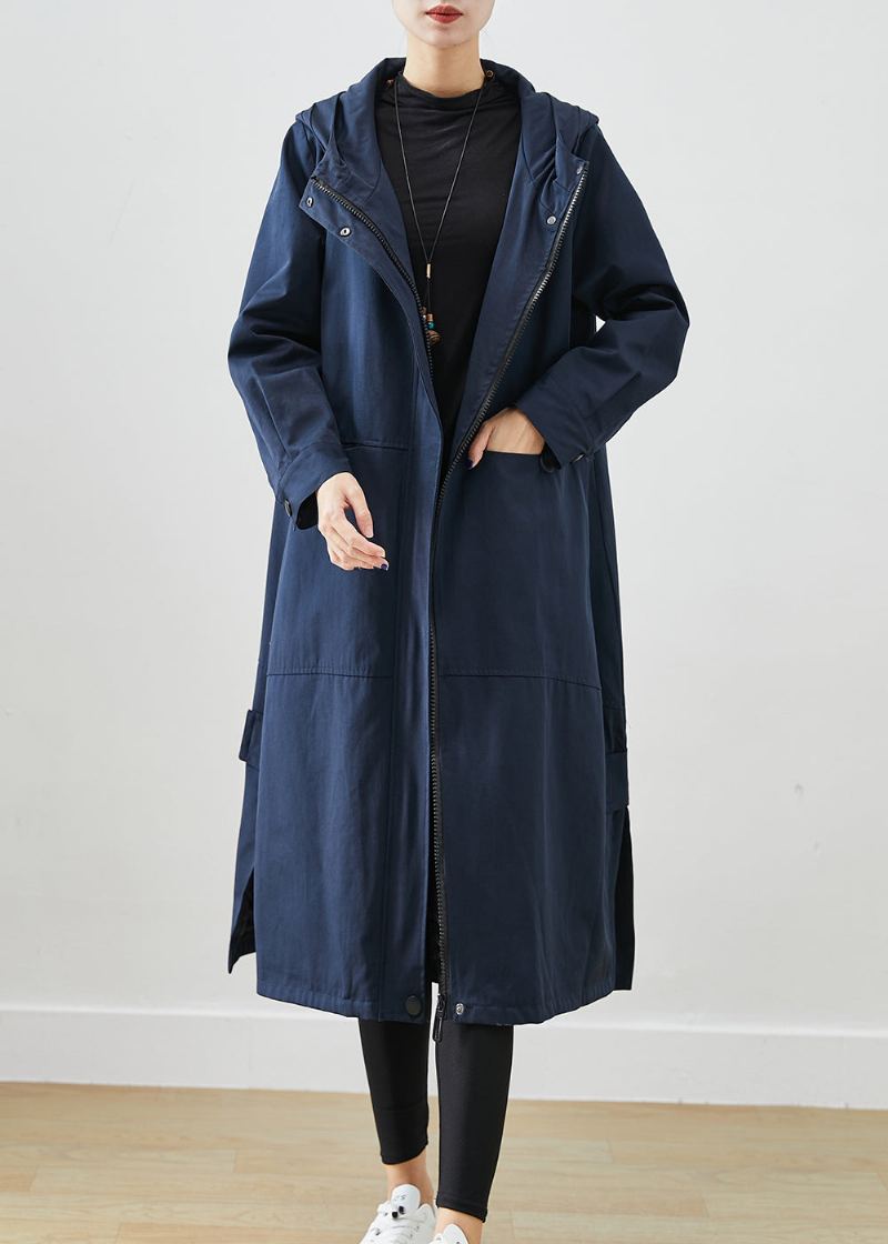 Trench En Coton Avec Poches Surdimensionnées Bleu Marine Naturel Automne - Trenchs femmes