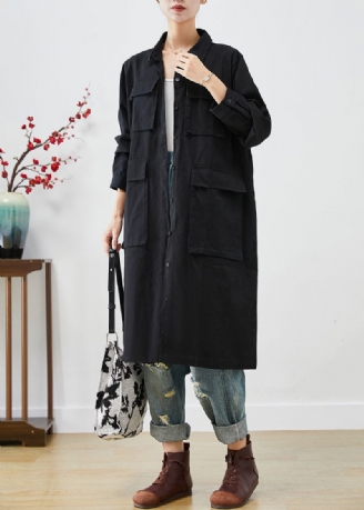 Trench En Coton Avec Poches Surdimensionnées Noires Bohèmes Automne