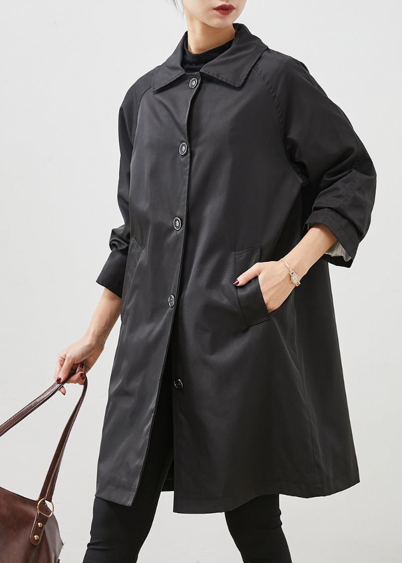 Trench En Coton Avec Poches Surdimensionnées Noires Diy Printemps - Trenchs femmes