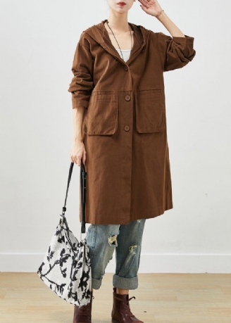 Trench Coton Chocolat Poches Capuche Automne