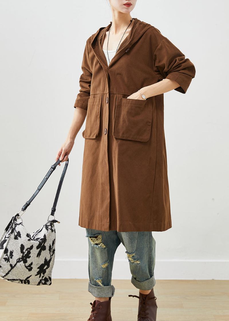 Trench Coton Chocolat Poches Capuche Automne - Trenchs femmes