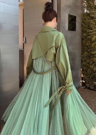 Trench En Coton Et Tulle Vert Patchwork Col Peter Pan Manches Longues