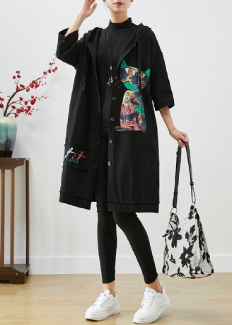 Trench En Coton Patchwork Noir Surdimensionné Imprimé Chat Automne