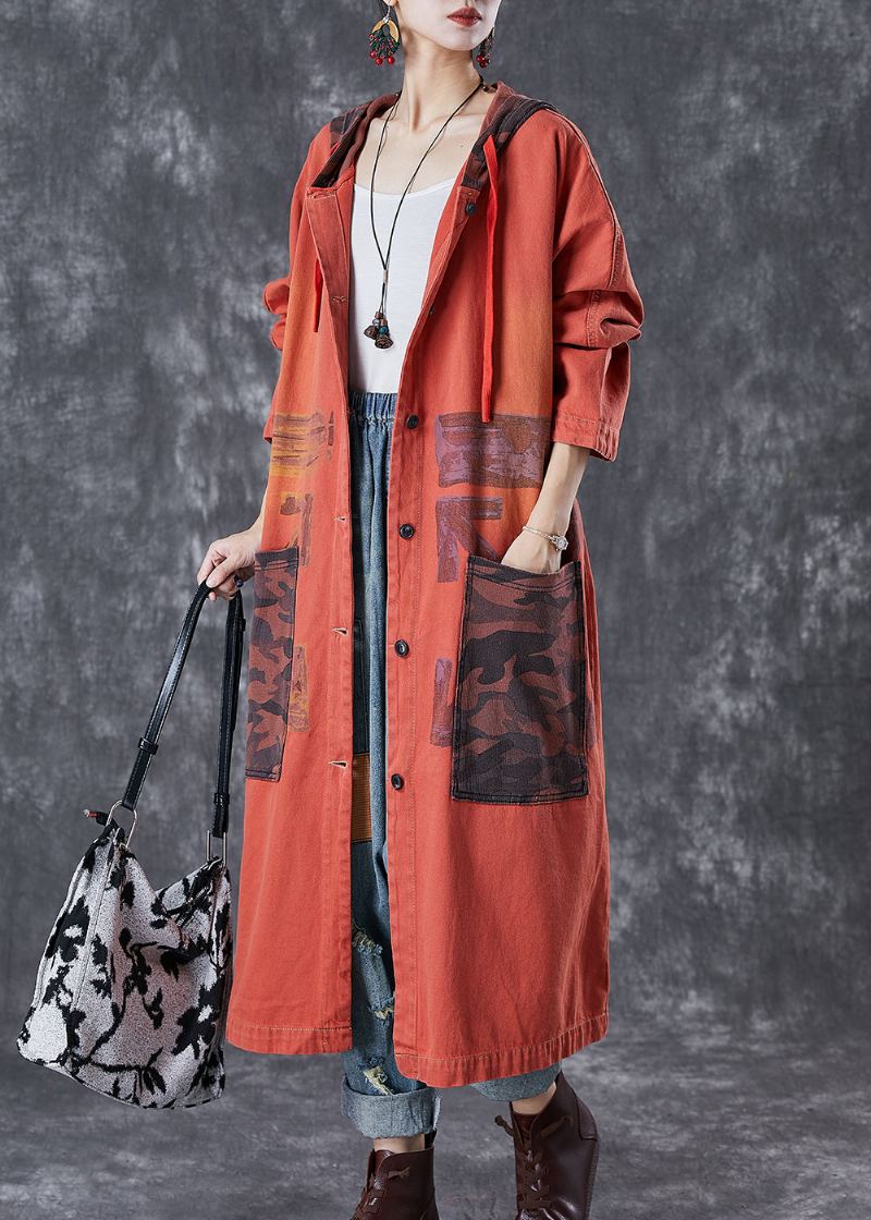 Trench En Coton Patchwork Orange Surdimensionné Grandes Poches Automne