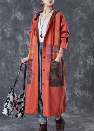 Trench En Coton Patchwork Orange Surdimensionné Grandes Poches Automne