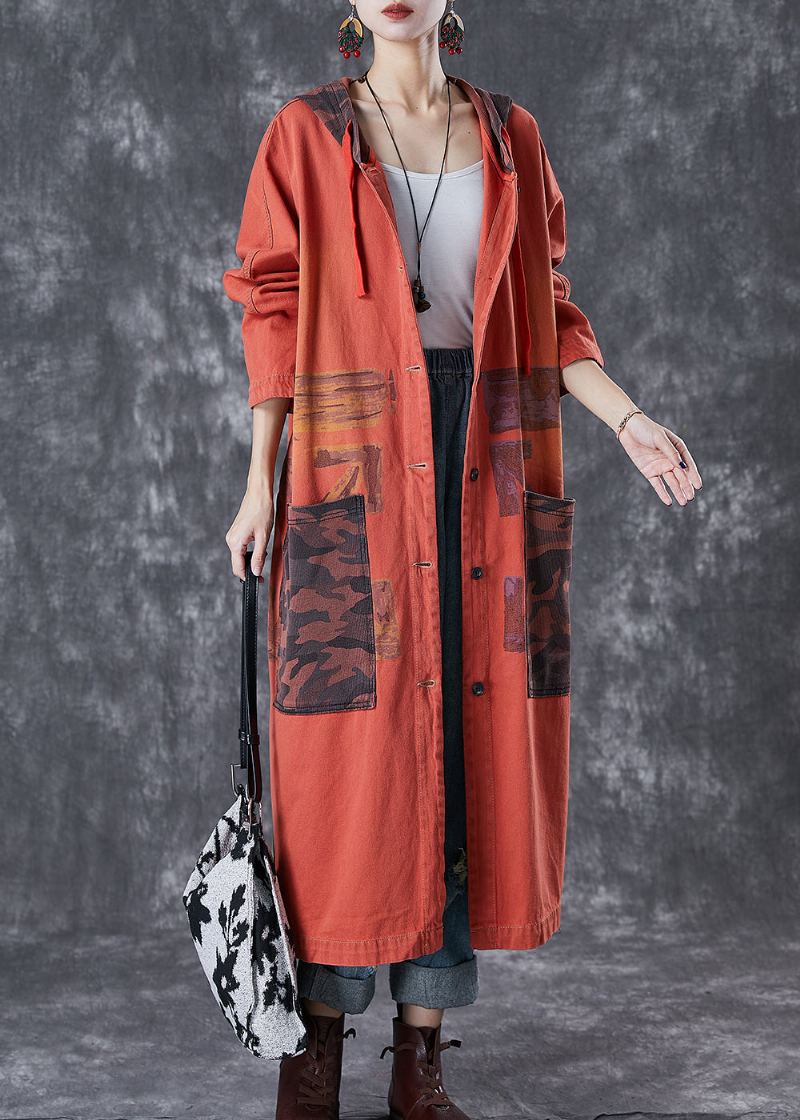 Trench En Coton Patchwork Orange Surdimensionné Grandes Poches Automne - Trenchs femmes