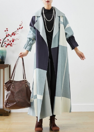 Trench En Coton Patchwork Surdimensionné Bleu Grande Taille Automne