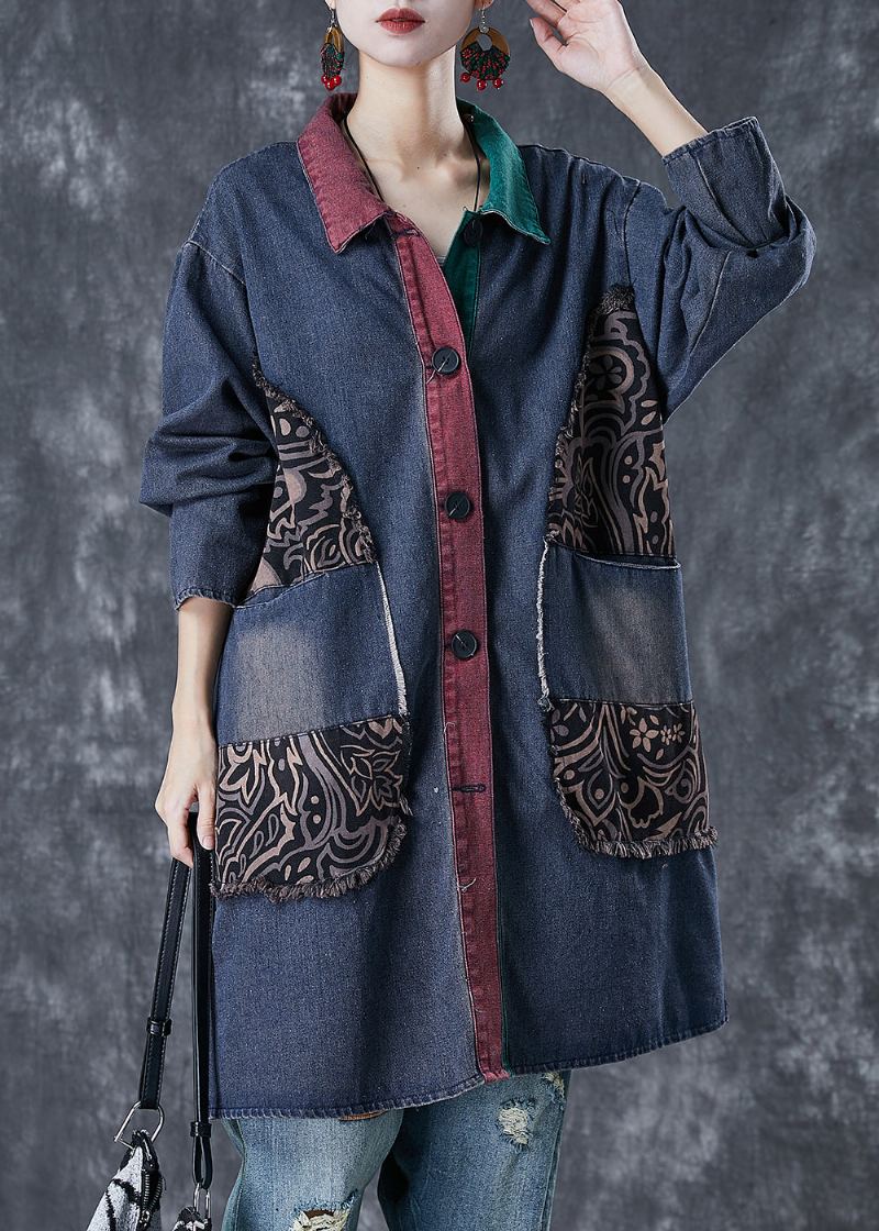 Trench Déchiré En Denim Patchwork Surdimensionné De La Marine Italienne Automne