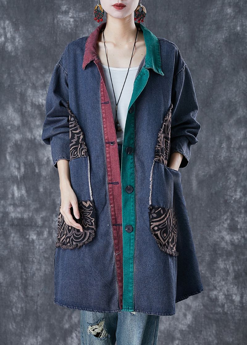 Trench Déchiré En Denim Patchwork Surdimensionné De La Marine Italienne Automne - Trenchs femmes