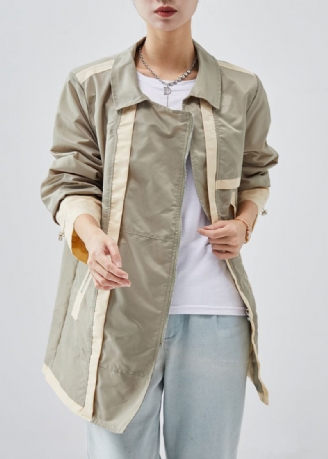 Trench Décontracté En Coton Vert Clair Avec Fermeture Éclair Patchwork Printemps