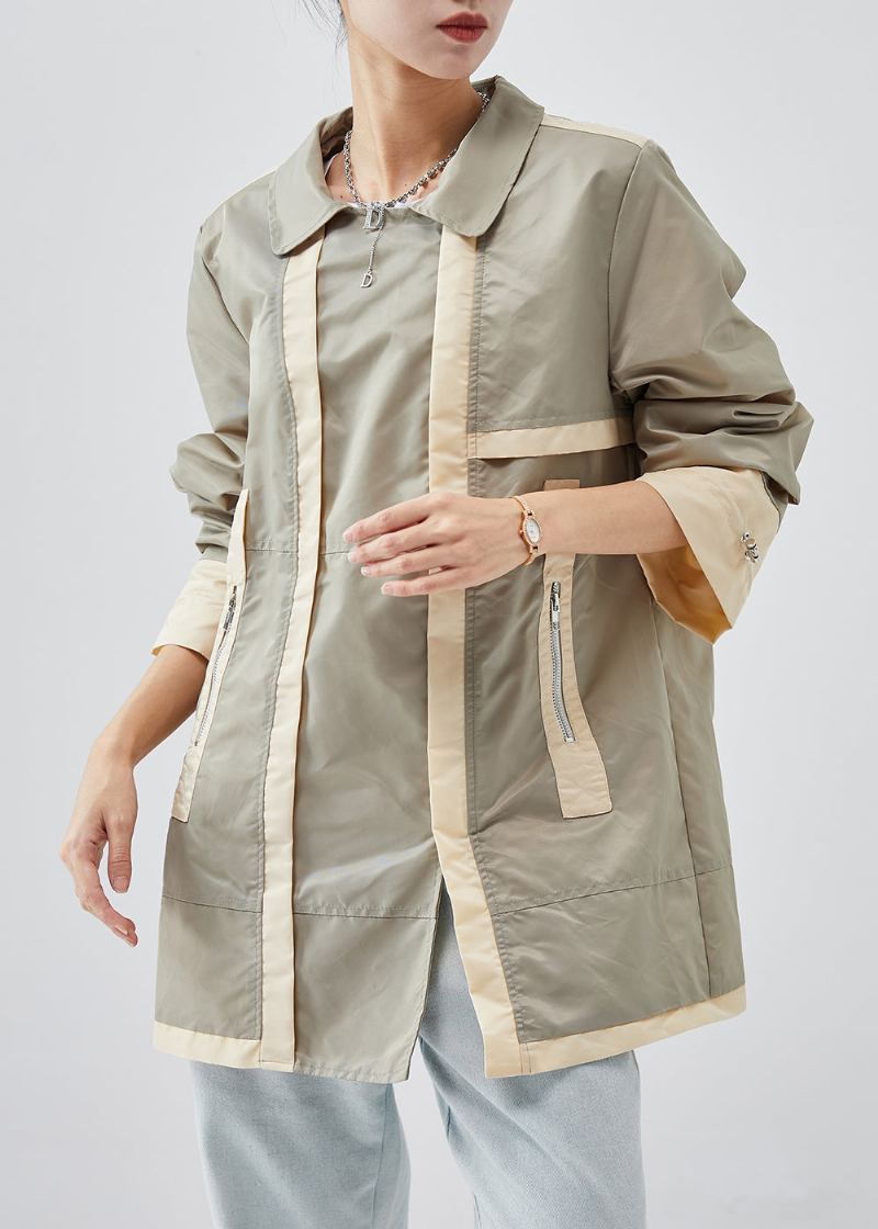 Trench Décontracté En Coton Vert Clair Avec Fermeture Éclair Patchwork Printemps - Trenchs femmes