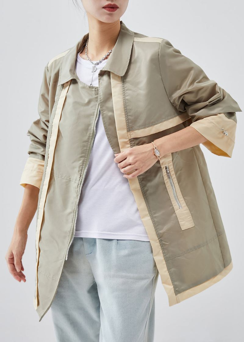 Trench Décontracté En Coton Vert Clair Avec Fermeture Éclair Patchwork Printemps - Trenchs femmes