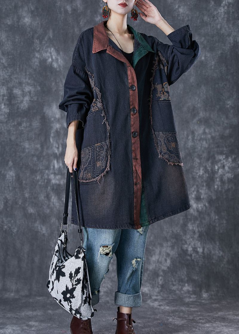 Trench En Denim Patchwork Surdimensionné Noir Chic Automne - Trenchs femmes