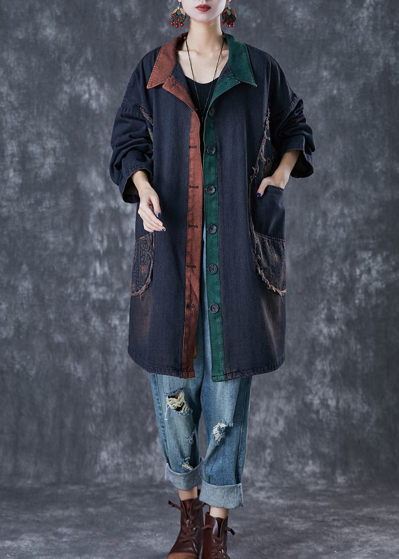 Trench En Denim Patchwork Surdimensionné Noir Chic Automne - Trenchs femmes