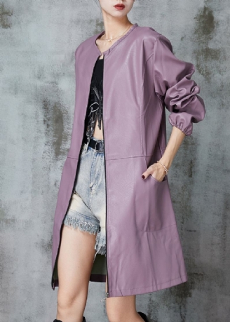 Trench En Faux Cuir Violet À Col Rond Printemps