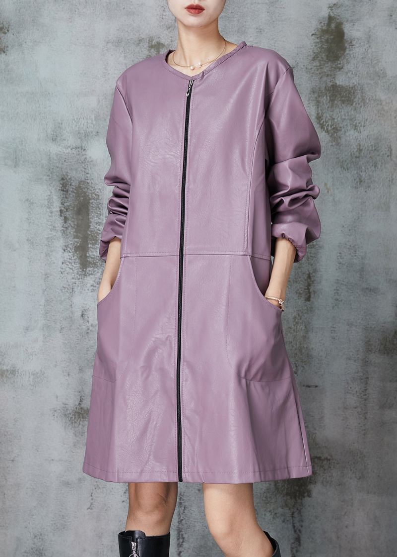 Trench En Faux Cuir Violet À Col Rond Printemps - Trenchs femmes