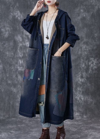 Trench En Jean Asymétrique À Capuche Grande Taille Grandes Poches Bleu Marine Automne