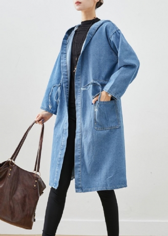 Trench En Jean Avec Poches À Capuche Cintrées Bleues Simples Automne