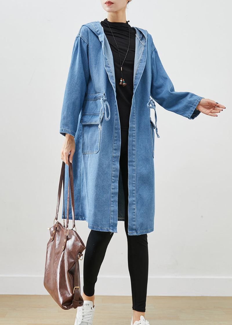 Trench En Jean Avec Poches À Capuche Cintrées Bleues Simples Automne - Trenchs femmes