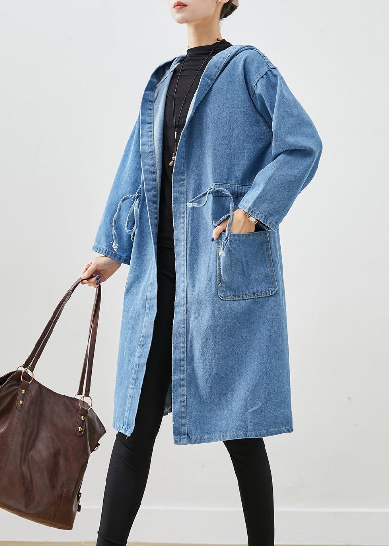 Trench En Jean Avec Poches À Capuche Cintrées Bleues Simples Automne - Trenchs femmes