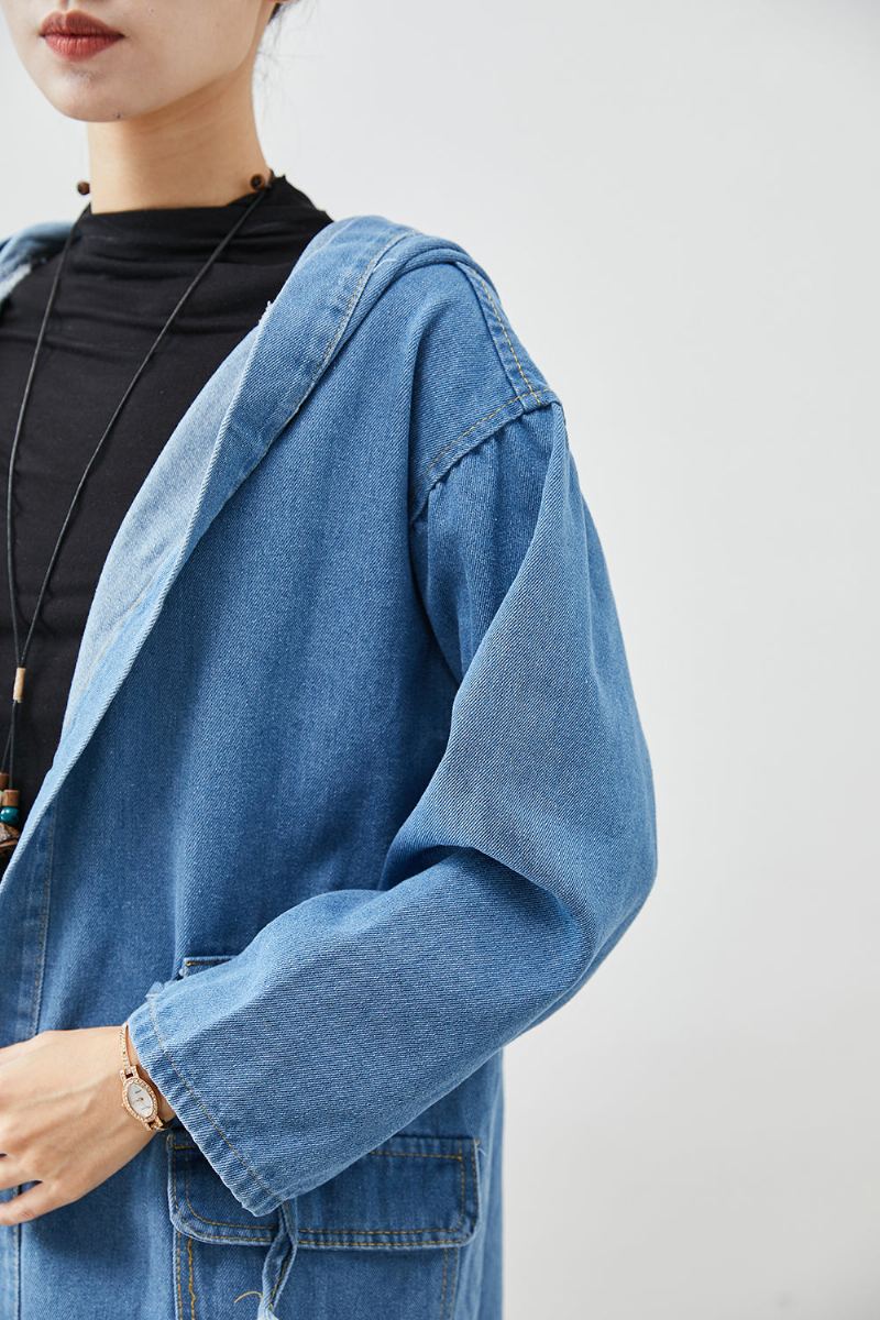 Trench En Jean Avec Poches À Capuche Cintrées Bleues Simples Automne - Trenchs femmes