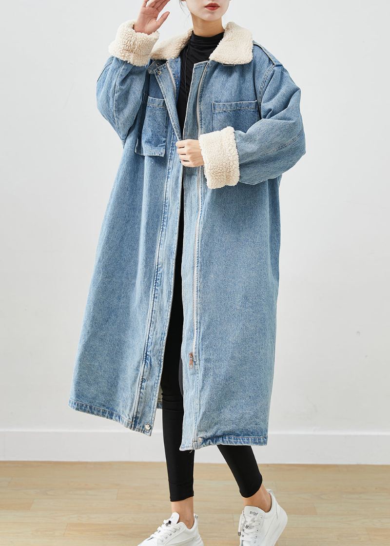 Trench En Jean Bleu Élégant Avec Poches Surdimensionnées Doublé De Laine Polaire Automne