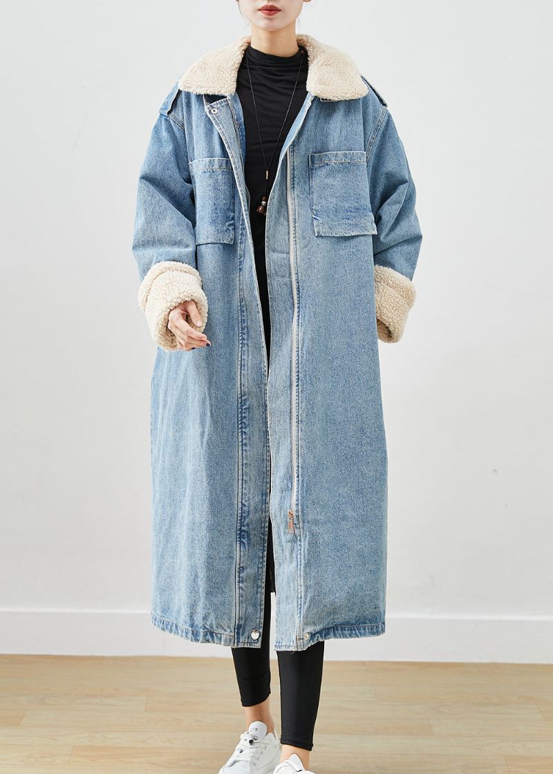 Trench En Jean Bleu Élégant Avec Poches Surdimensionnées Doublé De Laine Polaire Automne - Trenchs femmes