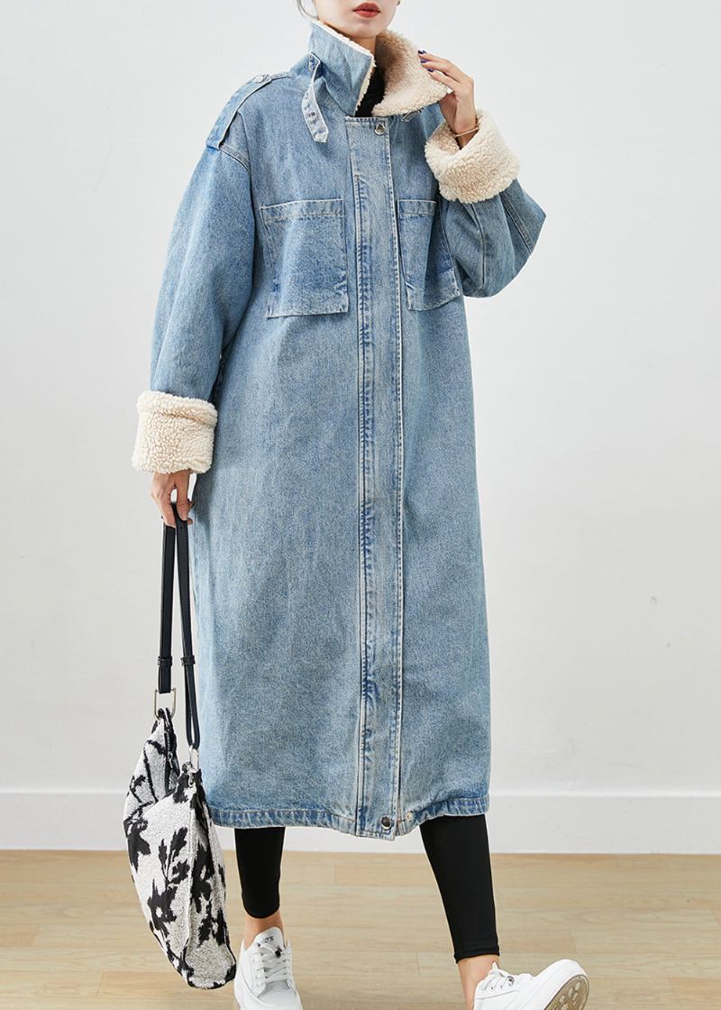 Trench En Jean Bleu Élégant Avec Poches Surdimensionnées Doublé De Laine Polaire Automne - Trenchs femmes