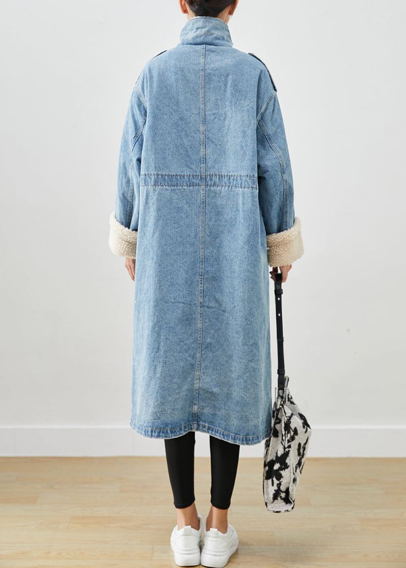 Trench En Jean Bleu Élégant Avec Poches Surdimensionnées Doublé De Laine Polaire Automne - Trenchs femmes