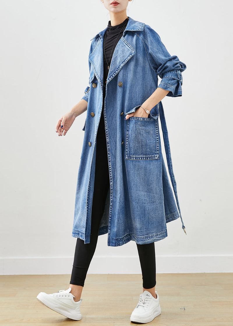 Trench En Jean Bleu Français À Double Poitrine Et À Nouer À La Taille Automne