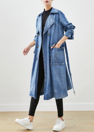 Trench En Jean Bleu Français À Double Poitrine Et À Nouer À La Taille Automne