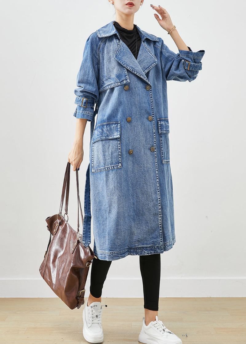 Trench En Jean Bleu Français À Double Poitrine Et À Nouer À La Taille Automne - Trenchs femmes