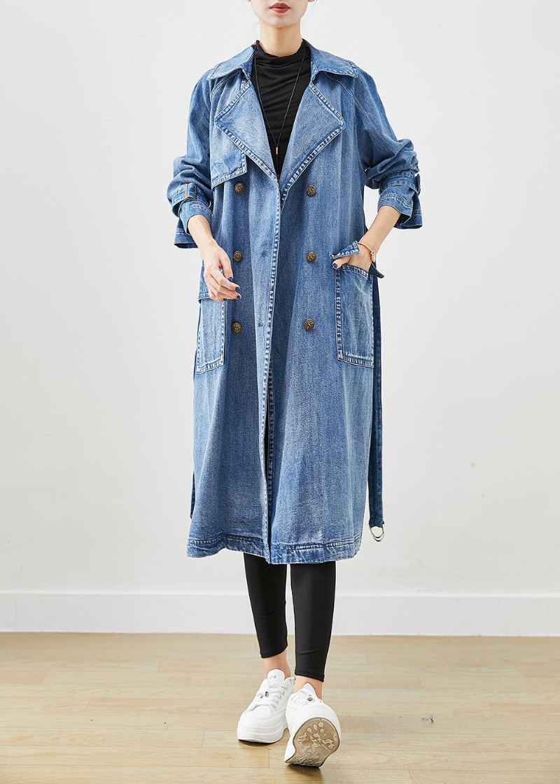 Trench En Jean Bleu Français À Double Poitrine Et À Nouer À La Taille Automne - Trenchs femmes