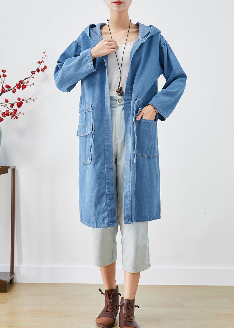 Trench En Jean À Capuche Cintré Bleu Grande Taille Automne