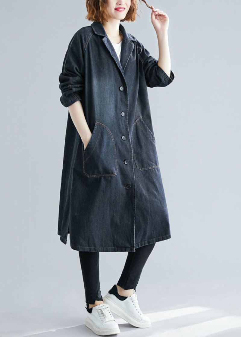 Trench En Jean Noir Avec Poches Crantées Pour Femme Automne