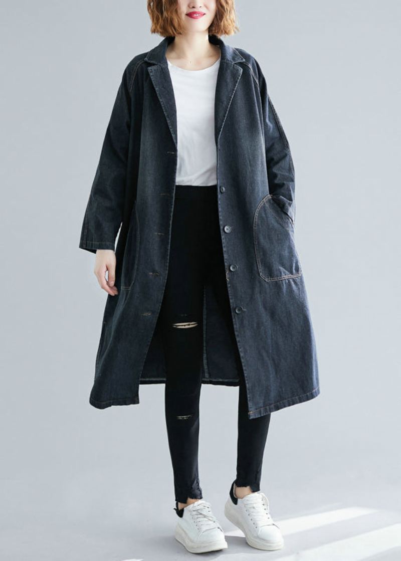 Trench En Jean Noir Avec Poches Crantées Pour Femme Automne - Trenchs femmes