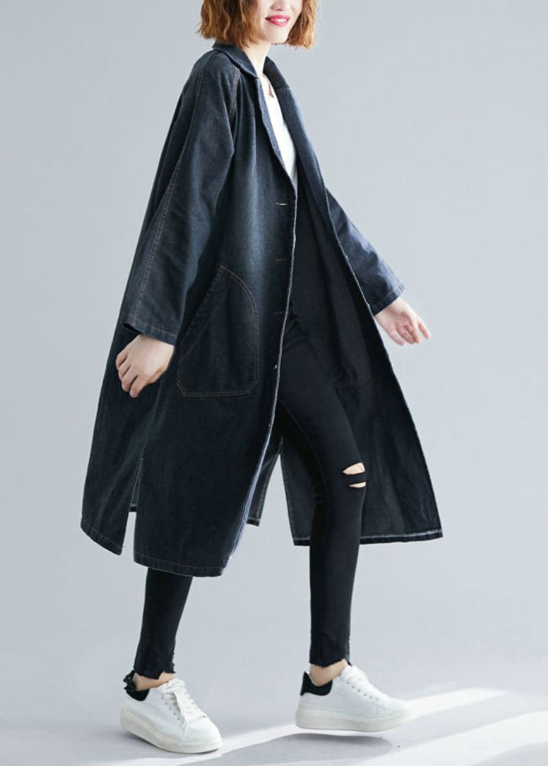 Trench En Jean Noir Avec Poches Crantées Pour Femme Automne - Trenchs femmes