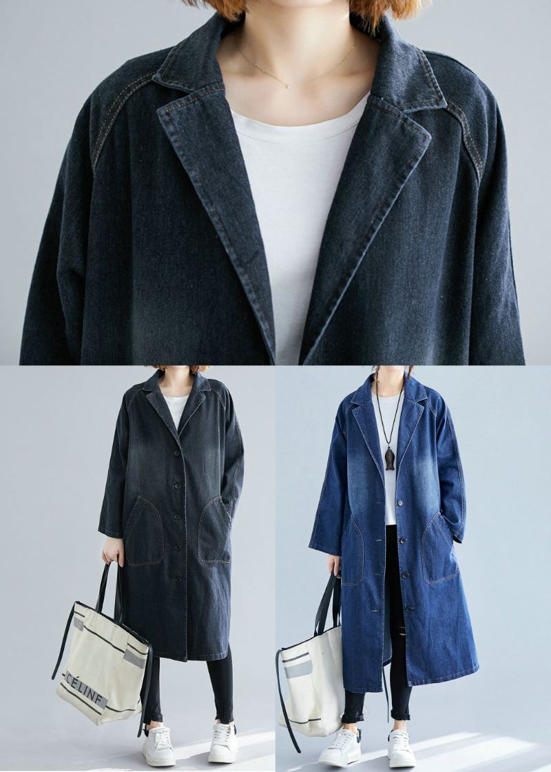 Trench En Jean Noir Avec Poches Crantées Pour Femme Automne - Trenchs femmes