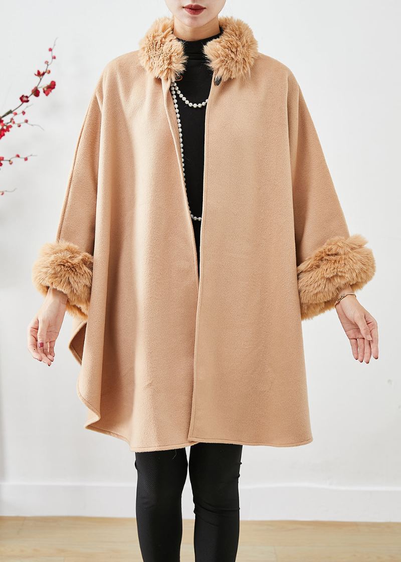 Trench En Laine Camel Clair Col En Fourrure Surdimensionné Manches Chauve-souris - Trenchs femmes