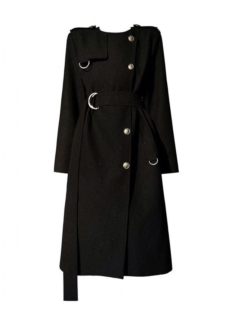 Trench En Laine Noir Moderne Avec Ceinture À Col Rond Design Original Manches Longues - Trenchs femmes