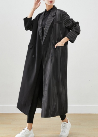 Trench Moderne En Spandex À Rayures Asymétriques Noires Automne