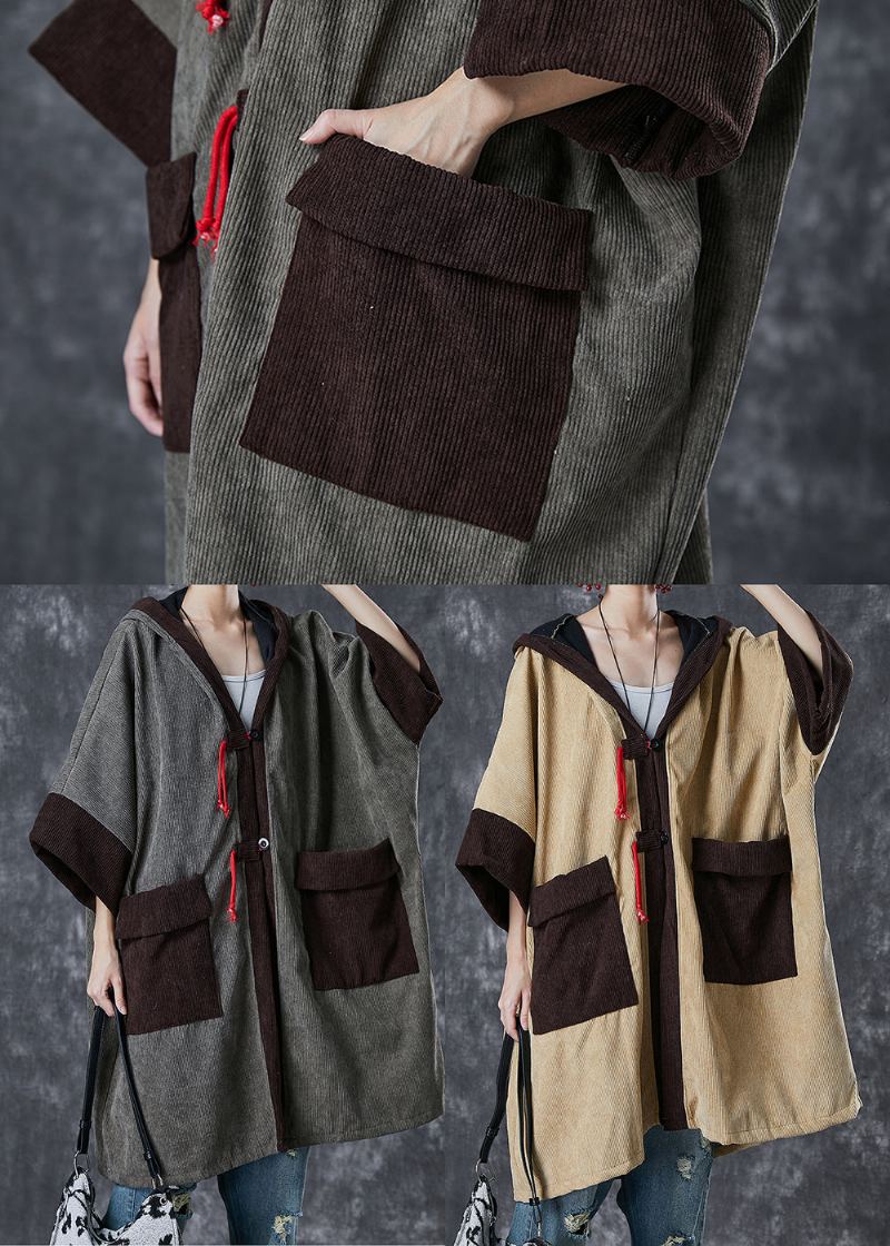 Trench En Polaire Chaud Avec Poches À Capuche Kaki Français Patchwork Printemps - Trenchs femmes