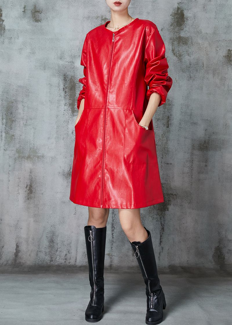 Trench En Simili Cuir Rouge Fin À Col Rond Patchwork Printemps - Trenchs femmes