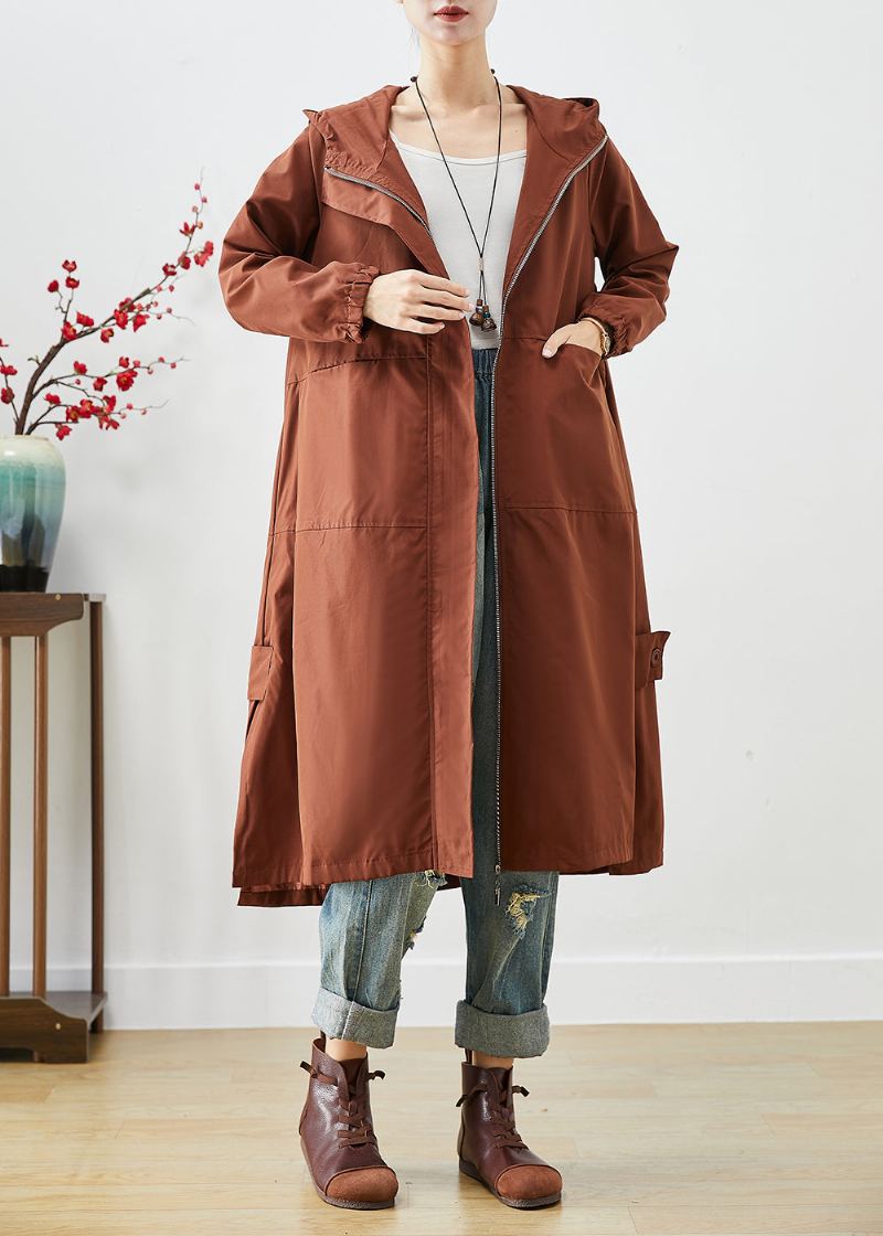 Trench Surdimensionné Marron En Élasthanne À Capuche Et Fermeture Éclair Pour L'automne - Trenchs femmes