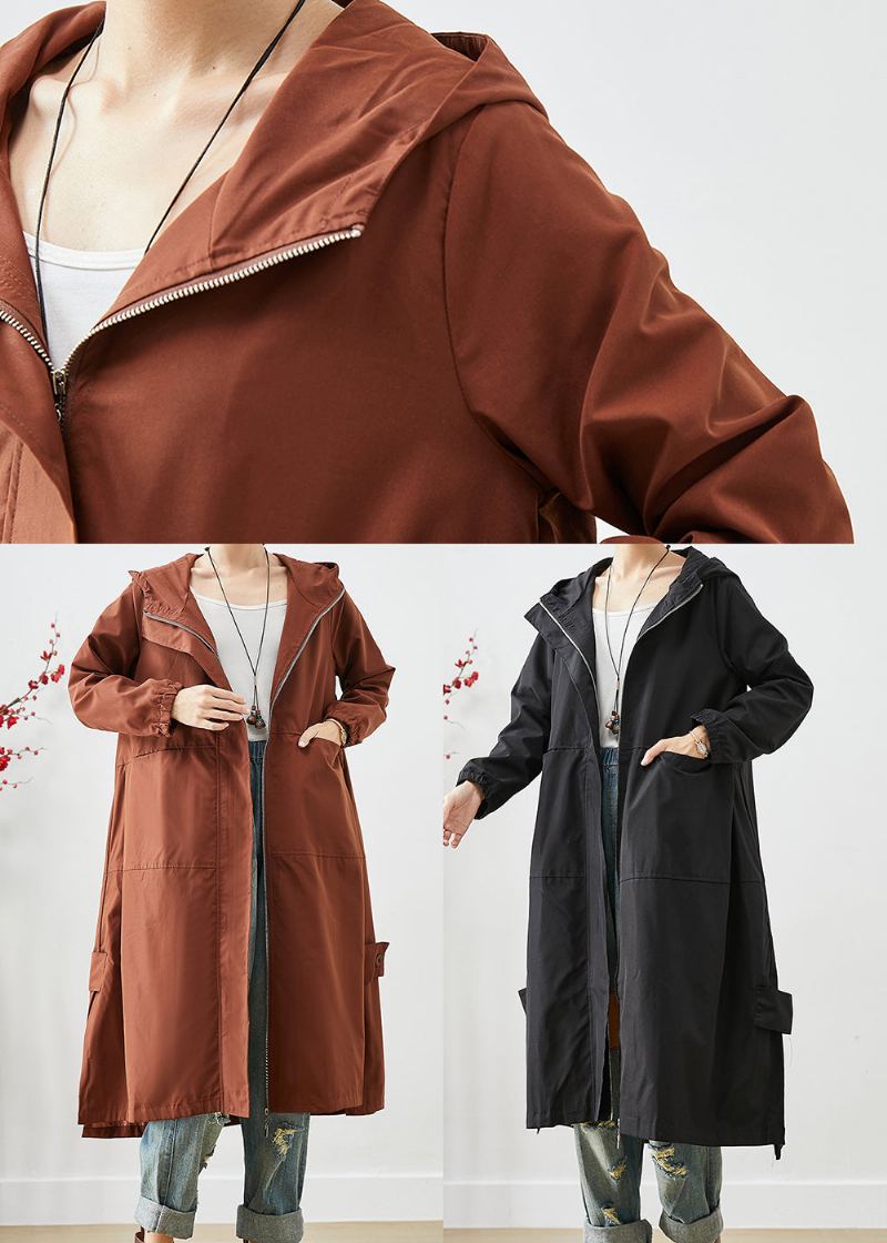 Trench Surdimensionné Marron En Élasthanne À Capuche Et Fermeture Éclair Pour L'automne - Trenchs femmes