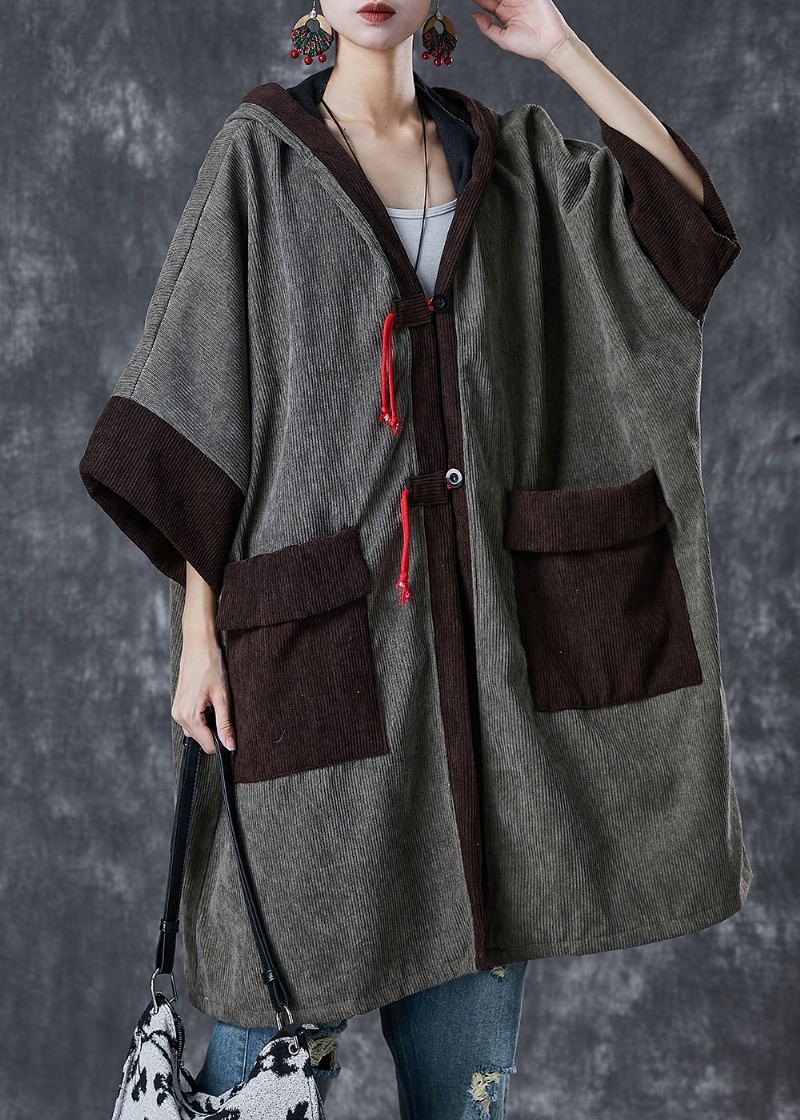 Trench En Velours Côtelé Polaire Chaud Patchwork Gris Poches À Capuche Printemps