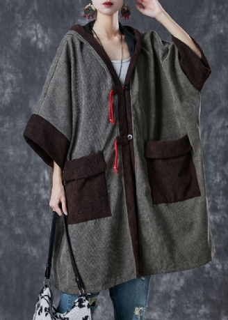 Trench En Velours Côtelé Polaire Chaud Patchwork Gris Poches À Capuche Printemps