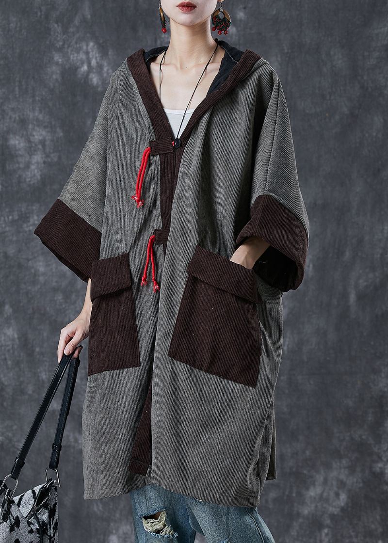 Trench En Velours Côtelé Polaire Chaud Patchwork Gris Poches À Capuche Printemps - Trenchs femmes